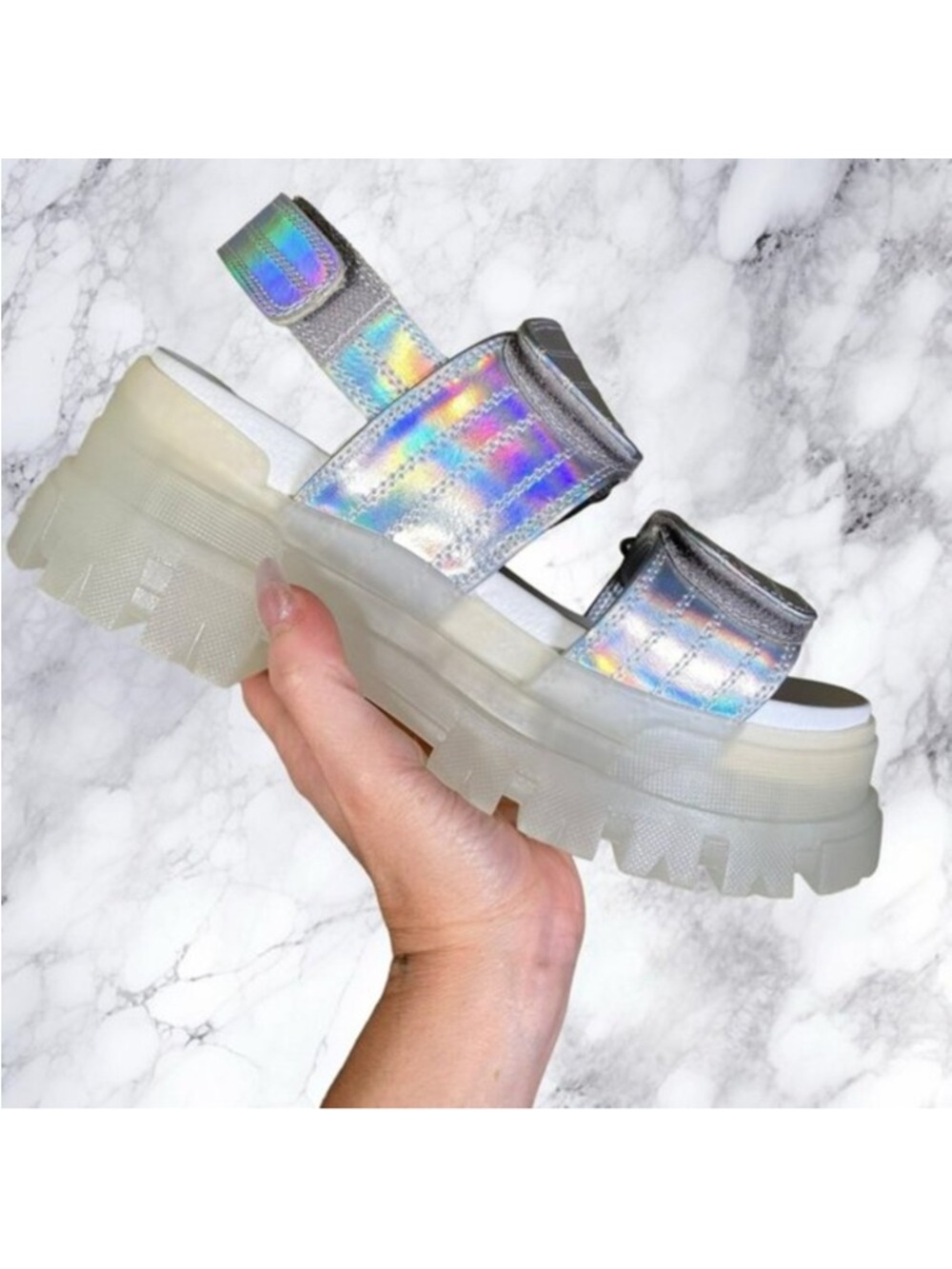 Dolls Kill Buffalo Transparent Iridescent Metallic Velcro Aspha SND Sandals 40 - Picture 2 of 12